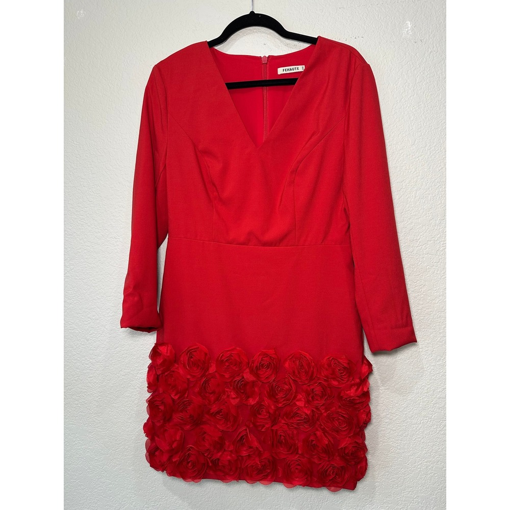 Fehaute Red V-Neck Long Sleeve 3D Rosette Floral Hem Mini Dress US 6 1730552#‎